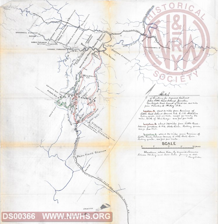 Sketch of Locations for Proposed Railroad from Little Reed Island Junction to Mount Airy, NC
