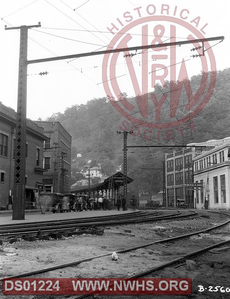 Downtown Welch, WV looking railroad east. Station platform visible and catenary