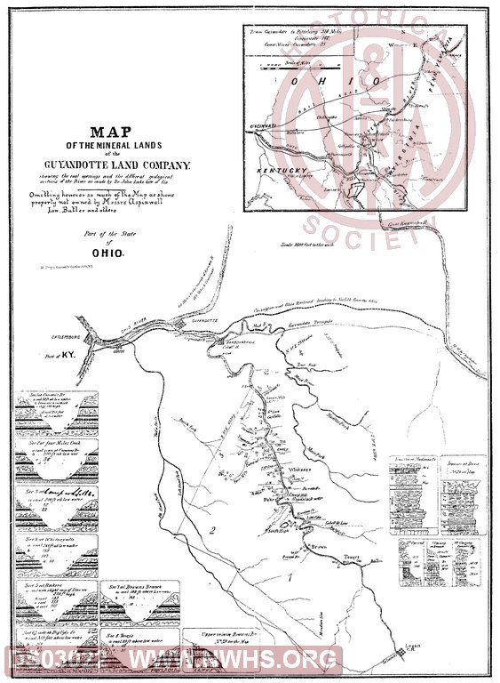 Map of the Mineral Lands of the Guyandot Land Company showing the coal openings and the different geological sections of the River as made by Dr. John Lockelate of Cin.
