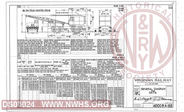 VGN Rwy, General Diagram and Data, Class A-168 35 Ton Truck Mounted Crane