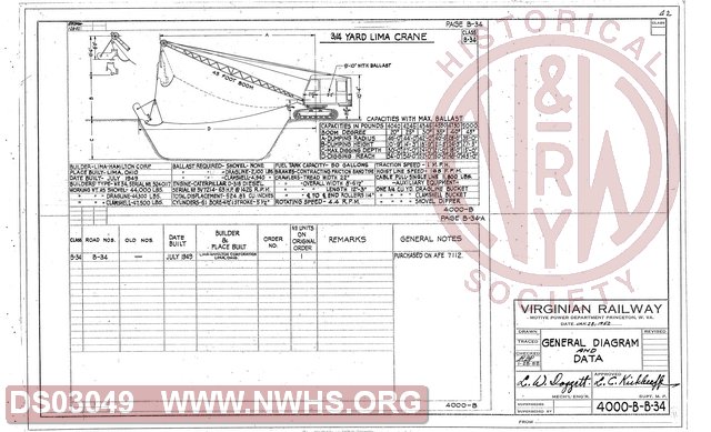 VGN Rwy, General Diagram and Data, Class B-34 3/4 Yard Lima Crane