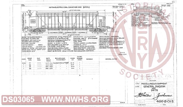 VGN Rwy, General Diagram and Data, 130 Ton Electric Coal Conveyor Car (Steel), Class CV3