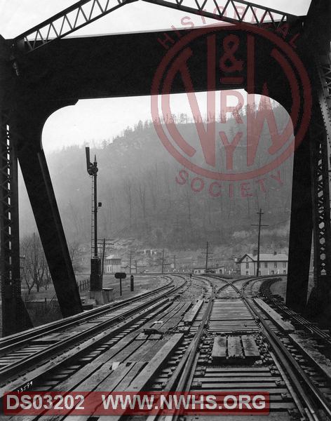 Looking through N&W Bridge No. 934 in 1930. Twelve Pole Line going off to right at Naugatuck Wye