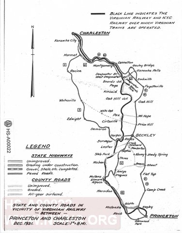 Virginian Railway, State and County Roads in Vicinity of VGN between Princeton and Charleston, WV