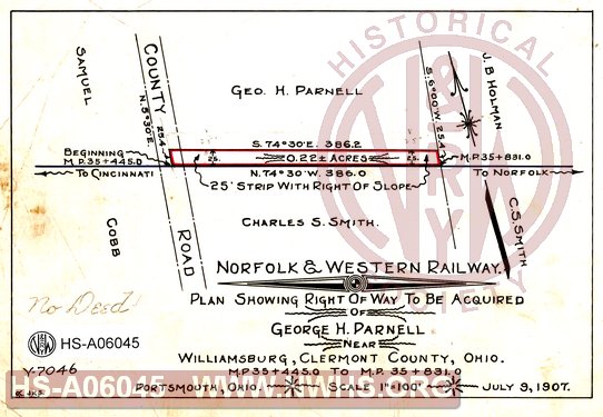 N&W Ry, Plan showing right of way to be acquired of George H. Parnell near Williamsburg, Clermont County Ohio, MP 35