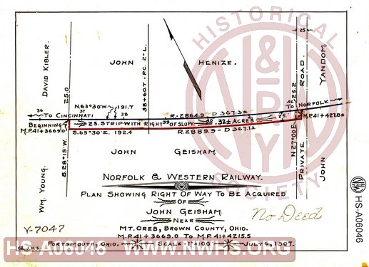 N&W Ry, Plan showing right of way to be acquired of John Geisham near Mt. Oreb, Brown County, Oh, MP 41