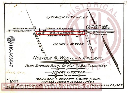 N&W Ry, Plan showing right of way to be acquired of Henry Castrop near Iron Rock, Lawrence County, Oh, MP585