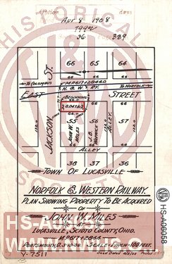 N&W Ry, Plan showing property to be acquired of John W. Miles at Lucasville, Scioto County Oh, MP 617+2844