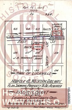 N&W Ry, Plan showing property to be acquired of Joseph H. Brant at Lucasville, Scioto County Oh, MP 617+2492