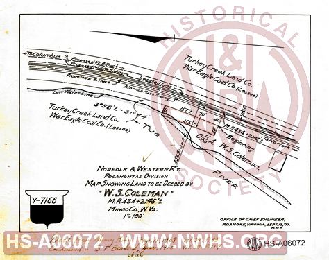 N&W Ry, Pocahontas Division, Map showing land to be deeded by W.S. Coleman, MP 434+2145', Mingo Co. W.Va