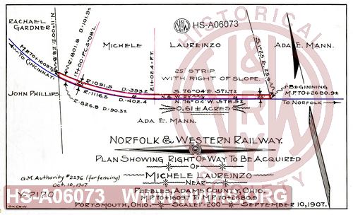 N&W Ry, Plan showing right of way to be acquired of Michele Laureinzo near Peebles, Adams County, Ohio, MP 70+1609.7 to MP 70+2680.9