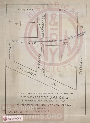 Plan Showing Proposed Crossing of Portsmouth Gas Company's Pipe Line under tracks of the N&W Rwy Co, Portsmouth OH