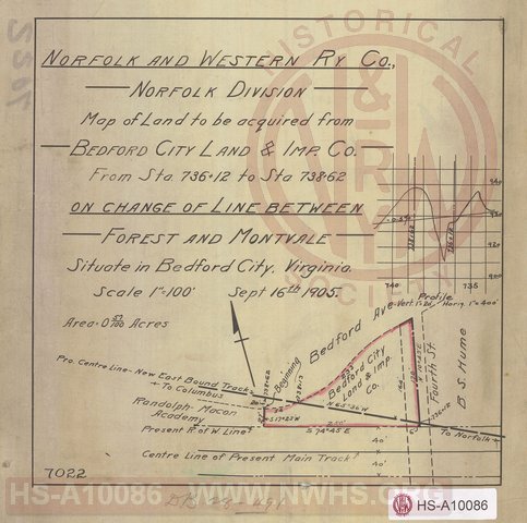 N&W Rwy, Norfolk Division, Map of Land to be Acquired from Bedford City Land & Imp. Co. From Sta. 736+12 to Sta. 738+62 on Change of Line Between Forest and Montvale, Situate in Bedford City, VA