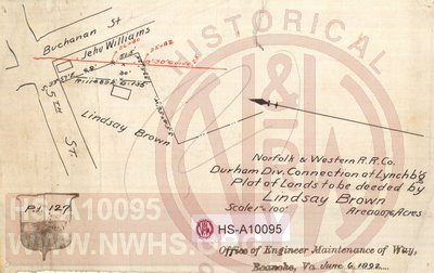 N&W RR, Durham Div. Connection at Lynchburg, Plat of Land to be deeded by Lindsay Brown, Area 0.076 acres