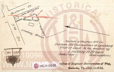 N&W RR, Durham Div. Connection at Lynchburg, Plat of Land to be deeded by Lindsay H. Brown, Area 0.052 acres