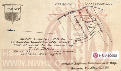N&W RR, Durham Div. Connection at Lynchburg, Plat of Land to be deeded by T.N. Davis, Area 0.108 acres