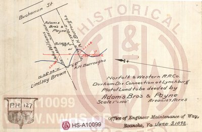 N&W RR, Durham Div. Connection at Lynchburg, Plat of Land to be deeded by Adams Bro's & Payne, Area 0.127 acres