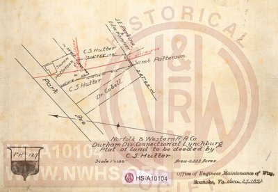 N&W RR, Durham Div. Connection at Lynchburg, Plat of Land to be deeded by C.S. Hutter, Area 0.223 acres