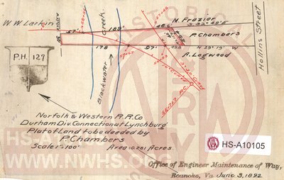 N&W RR, Durham Div. Connection at Lynchburg, Plat of Land to be deeded by P. Chambers, Area 0.281 acres
