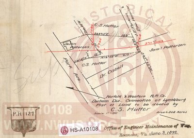 N&W RR, Durham Div. Connection at Lynchburg, Plat of Land to be deeded by C.S. Hutter, Area 0.308 acres