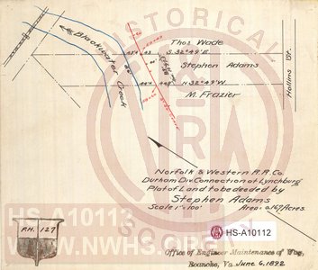 N&W RR, Durham Div. Connection at Lynchburg, Plat of Land to be deeded by Stephen Adams, Area 0.167 acres