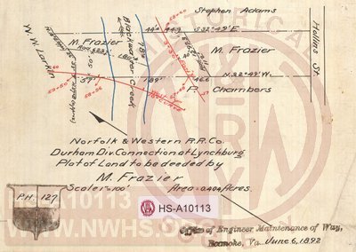 N&W RR, Durham Div. Connection at Lynchburg, Plat of Land to be deeded by M. Frazier, Area 0.404 acres