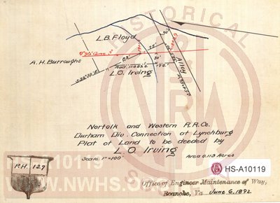 N&W RR, Durham Div. Connection at Lynchburg, Plat of Land to be deeded by L.O. Irving, Area 0.113 acres