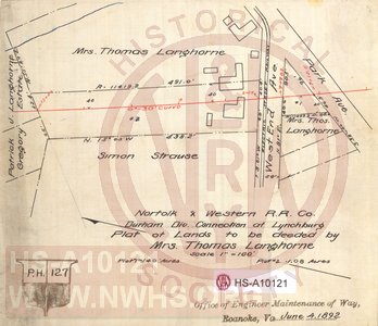 N&W RR, Durham Div. Connection at Lynchburg, Plat of Lands to be deeded by Mrs. Thomas Langhorne, Total Area 1.22 acres