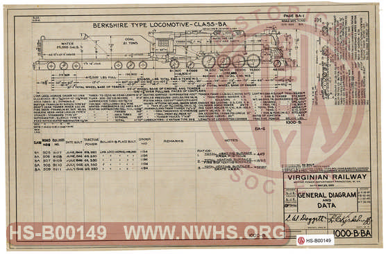 The Virginian Railway Locomotives General Diagram and Data Class BA unit number 505-509
