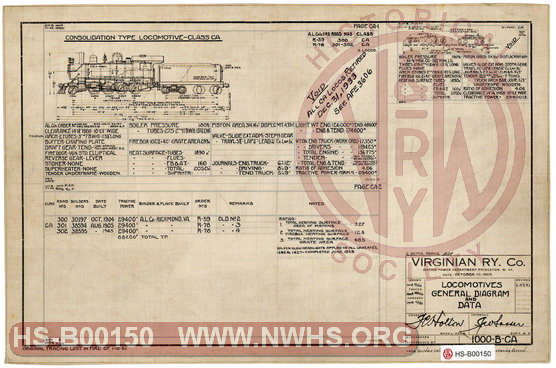 The Virginian Railway Locomotives General Diagram and Data Class CA unit number 300-302