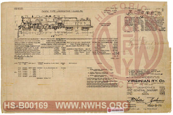 The Virginian Railway Locomotives General Diagram and Data Class PA unit numbers 210-215