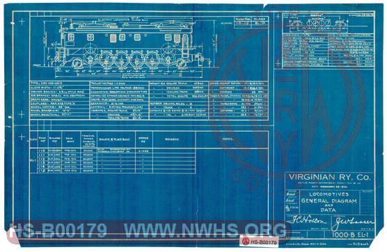 The Virginian Railway Locomotives General Diagram and Data Class EL-1 unit number 110-115