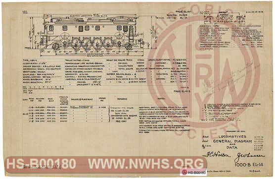 The Virginian Railway Locomotives General Diagram and Data Class EL-1 unit number 110-115
