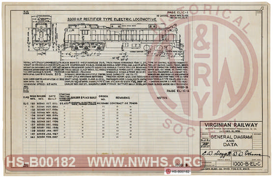 The Virginian Railway Locomotives General Diagram and Data Class EL-C unit number 130-141