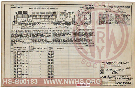 The Virginian Railway Locomotives General Diagram and Data Class DE-RS (H24-66) unit number 50-68