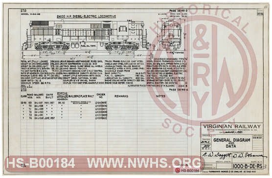 The Virginian Railway Locomotives General Diagram and Data ClassDS-3 (H24-66) unit numbe rs 69-74