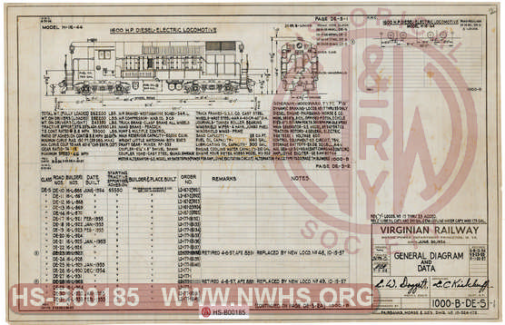 The Virginian Railway Locomotives General Diagram and Data Class DE-S-1 (H16-44) unit numbers 10-31