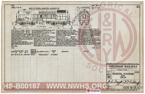 The Virginian Railway Locomotives General Diagram and Data ClassDS-3 (H16-44) unit number 15