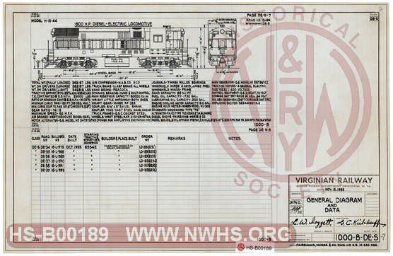 The Virginian Railway Locomotives General Diagram and Data Class DS-7 (H16-44) unit numbers 34-39