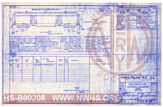 The Virginian Railway Company Passenger Cars General Diagram and Data, Baggage and Express BE-1