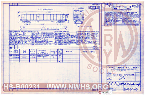 The Virginian Railway Company Freight Cars General Diagram and Data:  Gondola Car Class G-6B car #30313-30499