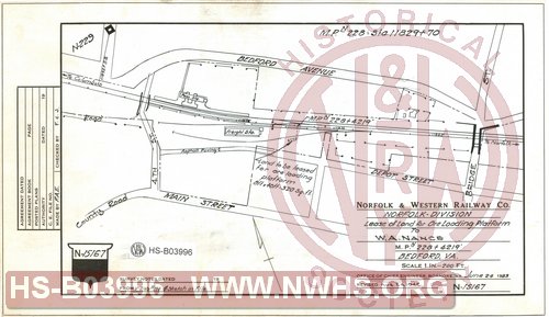 N&W Ry Co., Norfolk Division, Lease of land for ore loading platform to W.A. Nance, M.P. N228, Bedford, VA