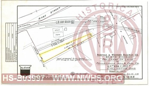 N&W Ry Co., Scioto Division, Pro. Lease of land to Pennsylvania Iron & Coal Co., M.P. N656, Chillicothe OH