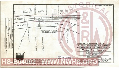 N&W Ry Co., Radford Division - Pulaski District, Encroachment of foot bridge of Town of Marion M.P. N 364, Marion, Va.