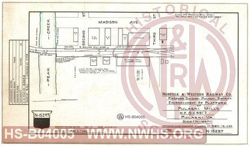 N&W Ry Co., Radford Division - Pulaski District, Encroachment of platform of Pulaski Mills, M.P. 0+991, Pulaski, Va