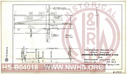 Sketch Showing Overhead Telephone Wire Crossing for East Coast Utilities Co., Sedley VA MP 46.5