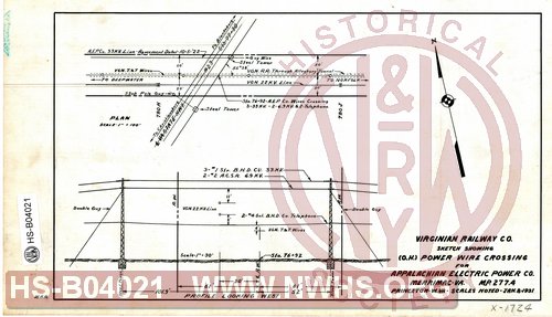 Sketch Showing Overhead Power Wire Crossing for Appalachian Electric Power Co., Merrimac VA. MP 277.4