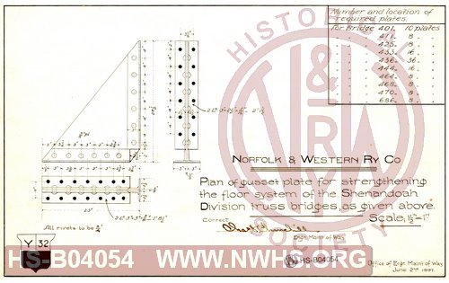 Plan of gusset plate for strengthening the floor system of the Shenandoah Division truss bridges as given above