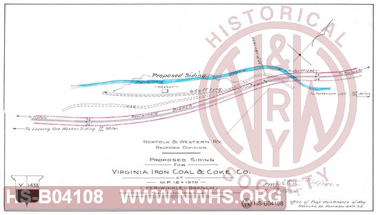 N&W Rwy Radford Division, Proposed Siding for Virginia Iron Coal & Coke Co.at MP 18+1970', Periwinkle Branch