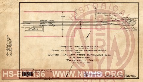 Plan of Location of Proposed Siding for Clinch Valley Feed & Milling Co., Tazewell VA, MP 385+1690'